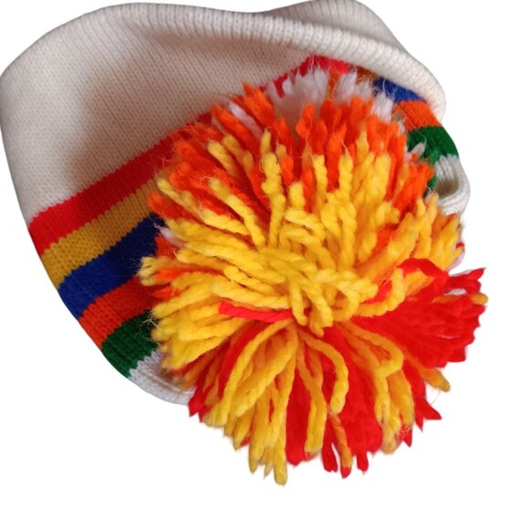 Vintage White Knit Beanie With Multi-Color Stripes & Pom 1980's Rainbow LBGTQ - Picture 4 of 4
